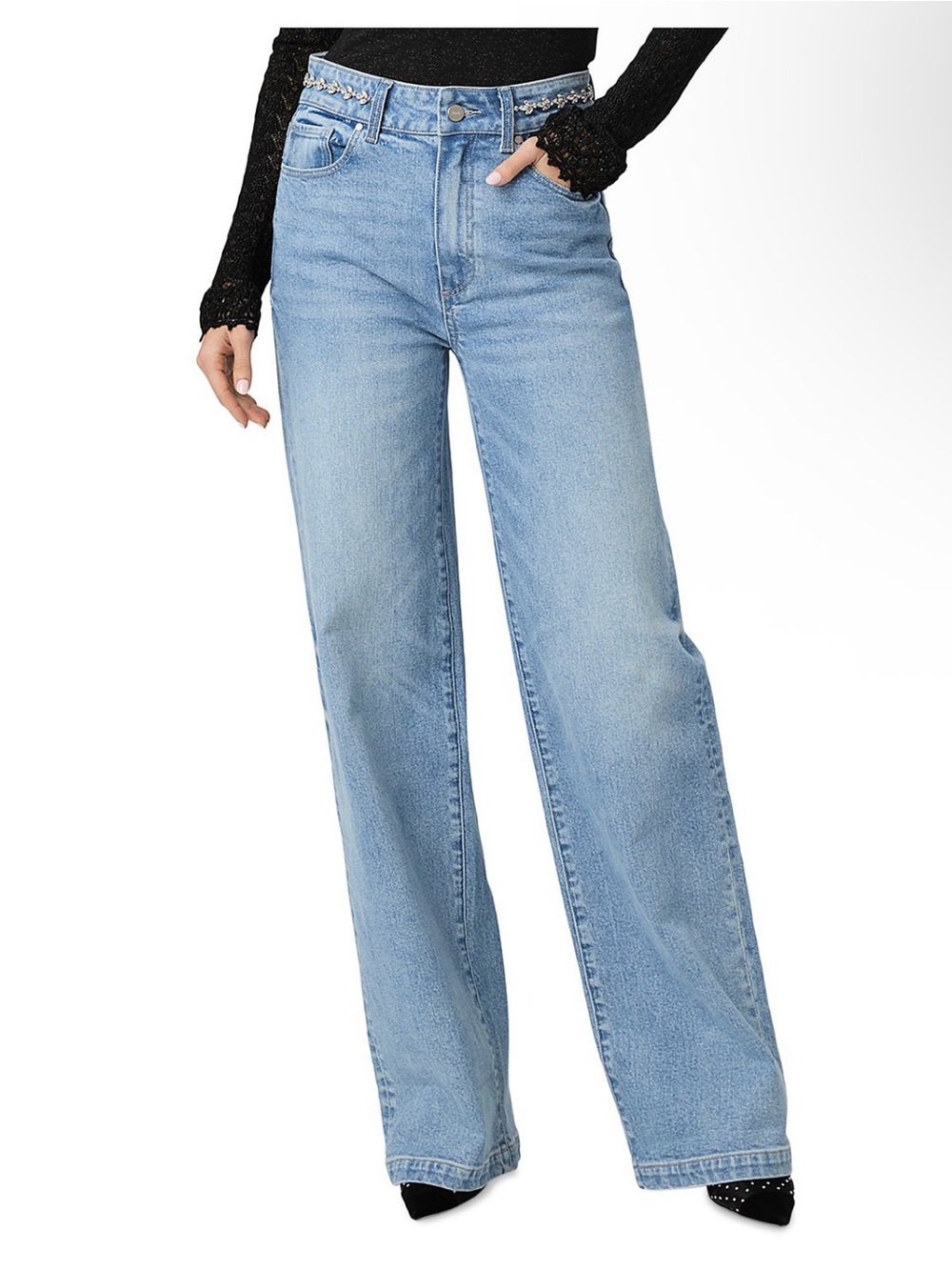 PAIGE Sasha High Rise Wide Leg Rhinestone Jeans